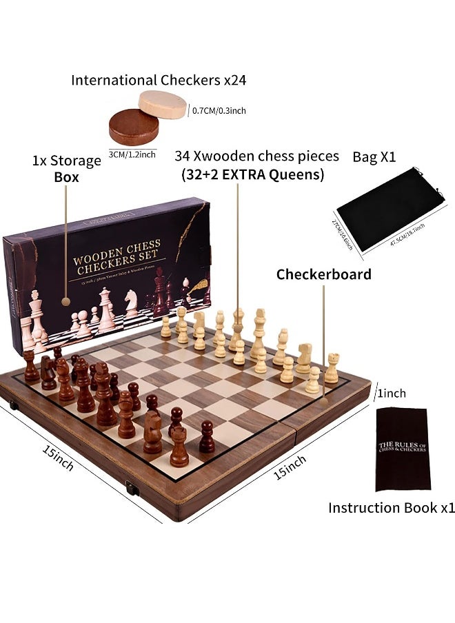 Chess Sets,15 Inch Magnetic Wooden Chess Set, Board Game for Adults and Kids, with 24 Cherkers Pieces Extra & 2 Extra Queens,Portable Travel Chess Board Game Sets