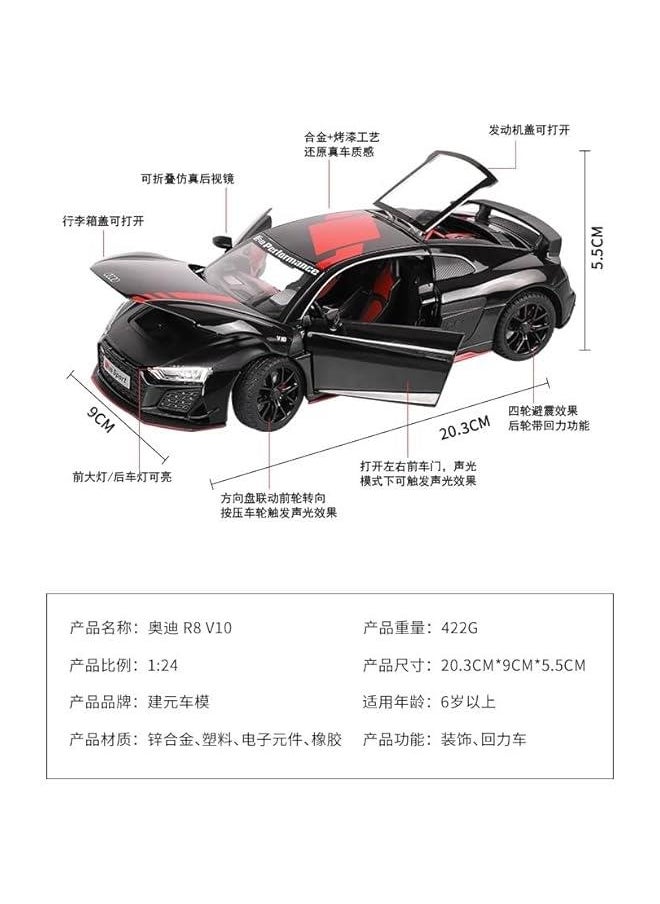 for 1/24 R8 Car Model Sports Car Model Toy Car Imitation Real Model Alloy Toy Car Collection Toy Ornaments(Black)