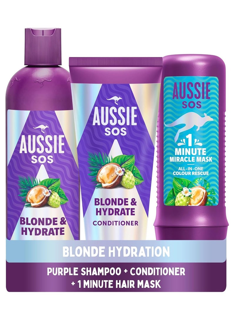 Blonde Hydration Vegan Purple Shampoo Conditioner And 3 Minute Miracle Hair Mask Set Silver Toner Neutralises Yellow and Brassy Tones for Hydrated Hair