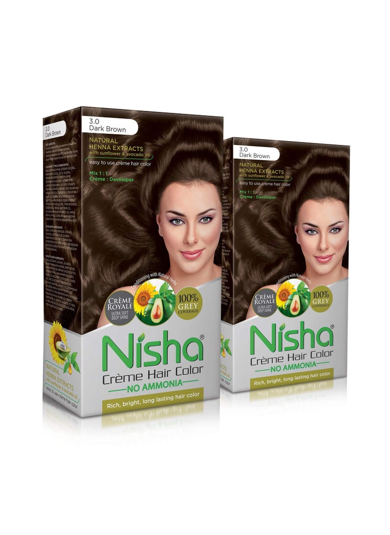 Nisha Cream Permanent Hair Color No Ammonia Cream Formula Permanent Fashion Highlights(60Gm+60Ml Each Pack) Dark Brown (Pack Of 2)