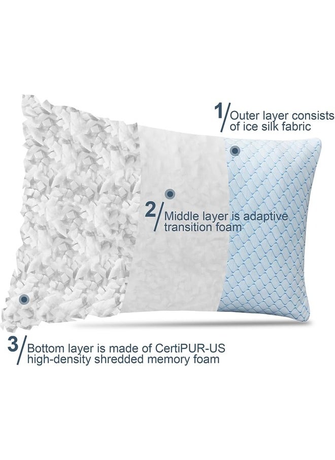 Cooling Bed Pillow for Sleeping, Shredded Memory Foam Adjustable Pillow, Standard Size for Side Back Sleepers - Luxury Ultra Comfort Gel Pillow with Washable Removable Cover