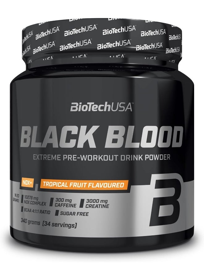 Black Blood Nox+ Pre-Workout Formula With Caffeine Creatine Tyrosine Sugar-Free 340 G Tropical Fruit