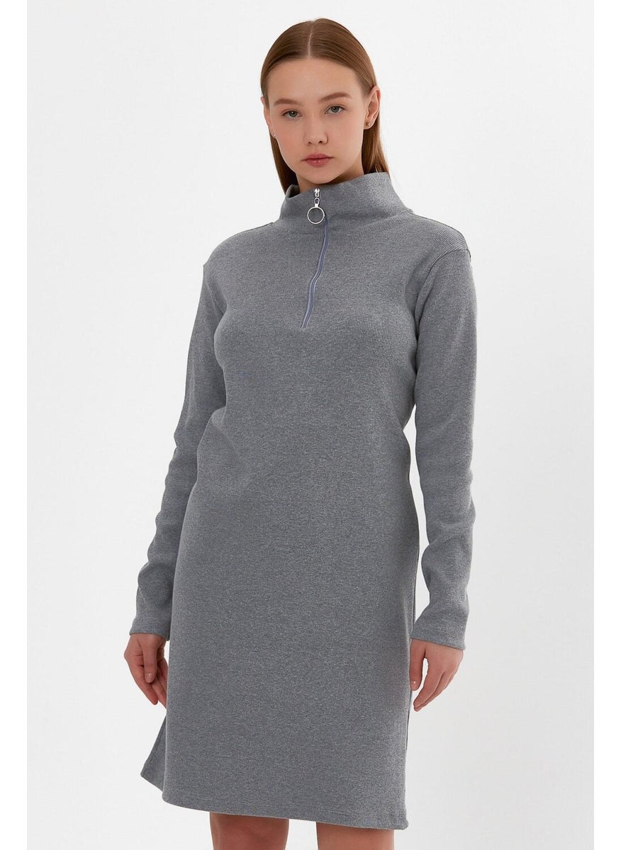 Stand Collar Zippered Tunic Dress (B22-21501)