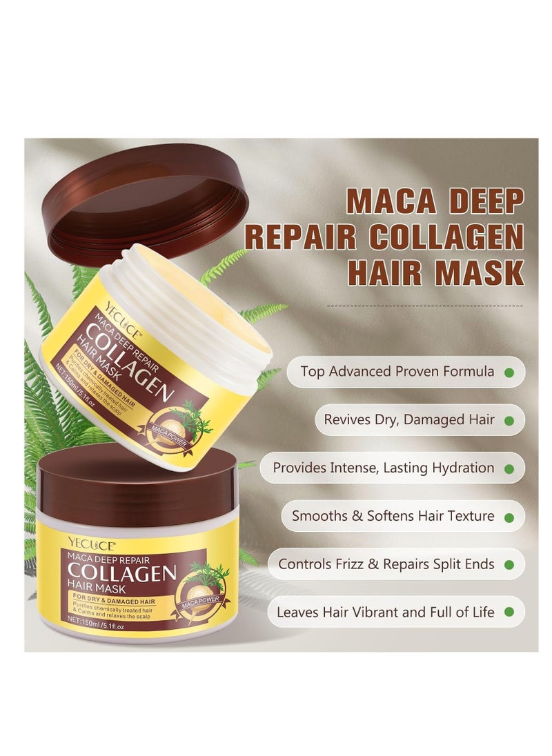 Maca Collagen Hair Mask 150ml Maca Deep Repair Collagen Hair Mask Maca Hair Treatment Mask for Dry & Damaged Hair Deep Conditioning Moisturizing Nourishing Hair Care Mask