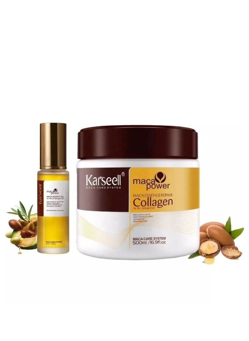 Karseell Collagen Hair Treatment - Deep Repair Mask 500ml - Argan Oil Hair Serum for Dry Damaged Hair 50ml - All Hair Types