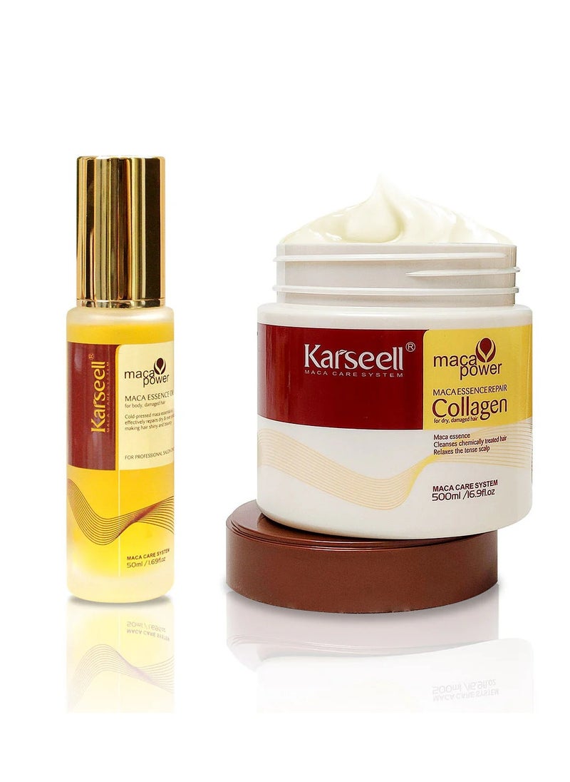 Karseell Collagen Hair Treatment - Deep Repair Mask 500ml - Argan Oil Hair Serum for Dry Damaged Hair 50ml - All Hair Types