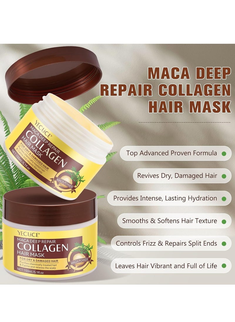 150ml Maca Collagen Hair Mask Maca Deep Repair Collagen Hair Mask Maca Hair Treatment Mask for Dry & Damaged Hair Deep Conditioning Moisturizing Nourishing Hair Care Mask