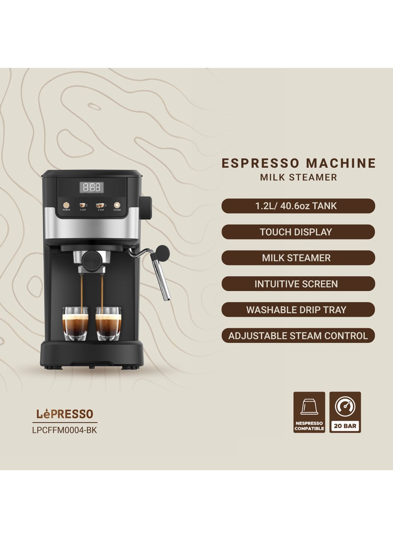 Suprema Espresso Coffee Machine with Touch Display and Milk Steamer 1100W Coffee Maker/ Washable Drip Tray / Nespresso Compatible / 20 Bar Pressure - Black