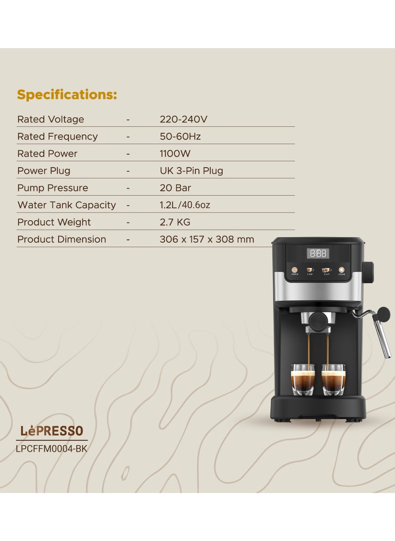 Suprema Espresso Coffee Machine with Touch Display and Milk Steamer 1100W Coffee Maker/ Washable Drip Tray / Nespresso Compatible / 20 Bar Pressure - Black