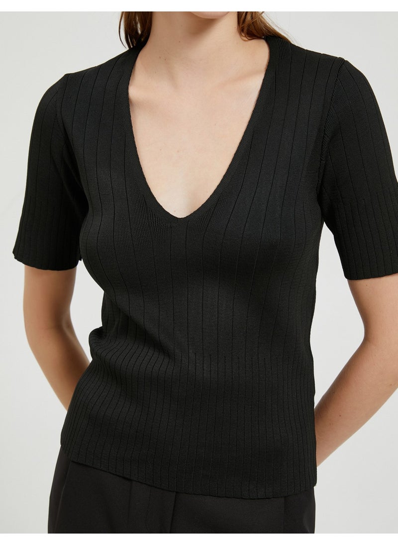 Short Sleeve Knitwear Sweater V-Neck Ribbed