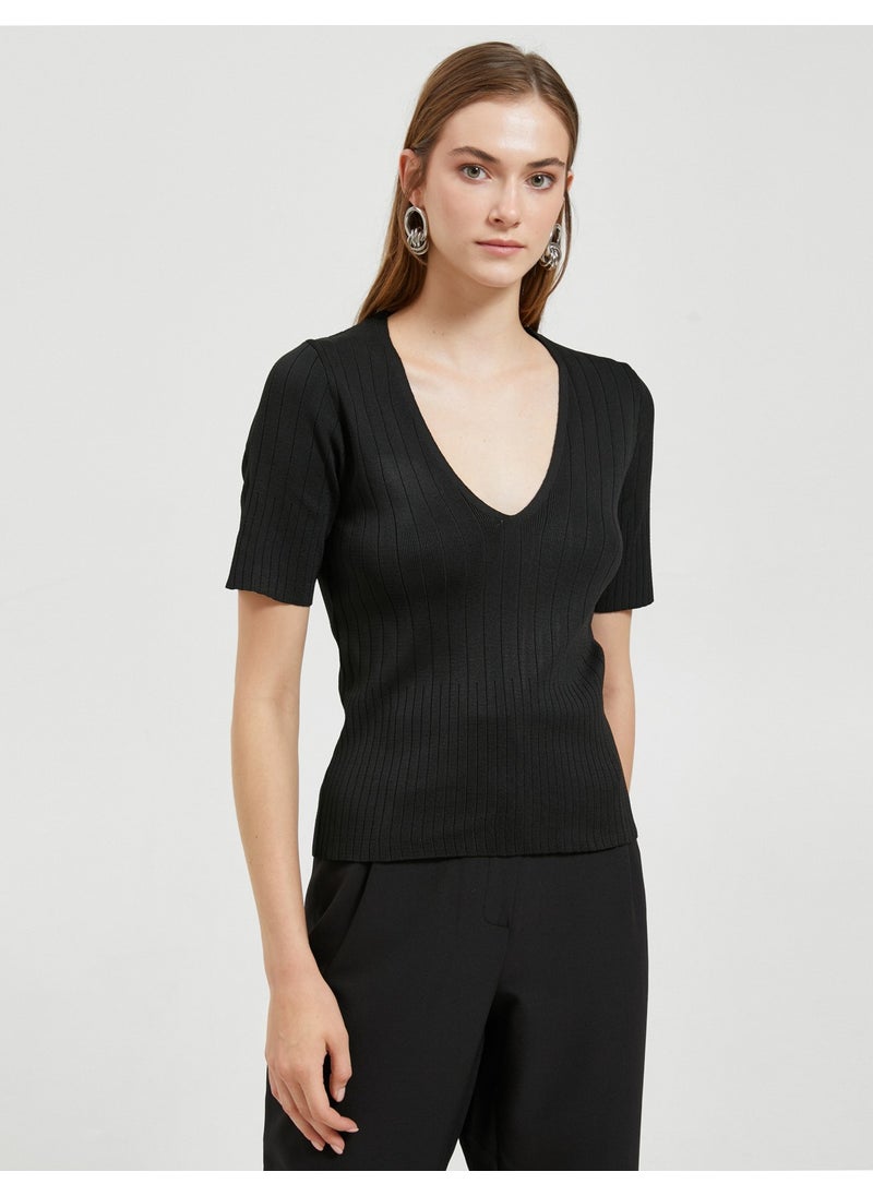 Short Sleeve Knitwear Sweater V-Neck Ribbed