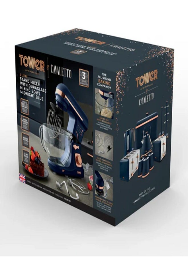 Tower Cavaletto 1000W Stand Mixer with 5L Glass Bowl - Midnight Blue