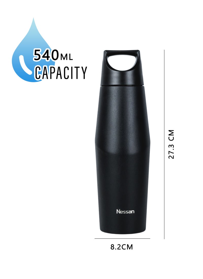 Nessan Double Wall Stainless Steel Vacuum Insulated Travel Flask Bottle for Water, Iced Tea or Hot Coffee, Smoothie and More (Black, 540ml)