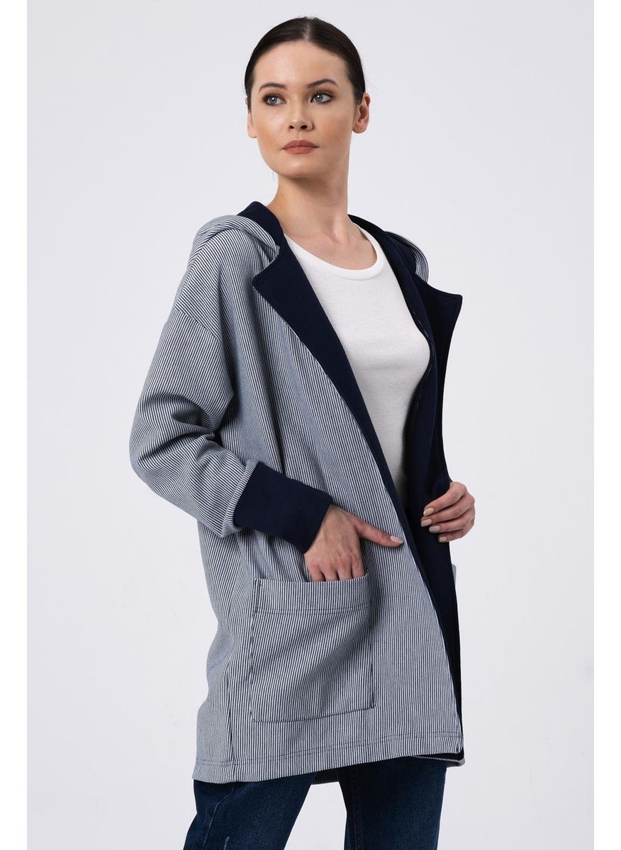 Hooded Striped Cardigan Navy-White (B22-37701-WN)