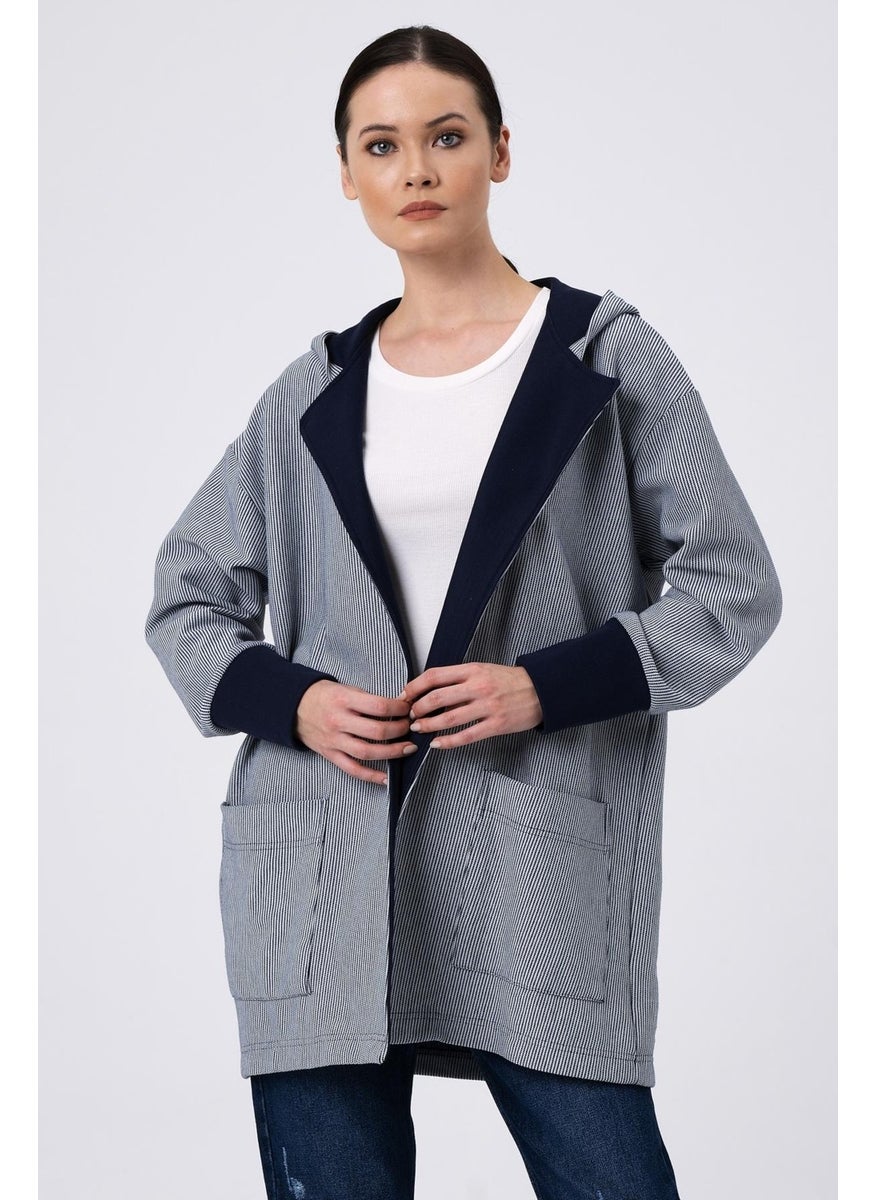 Hooded Striped Cardigan Navy-White (B22-37701-WN)