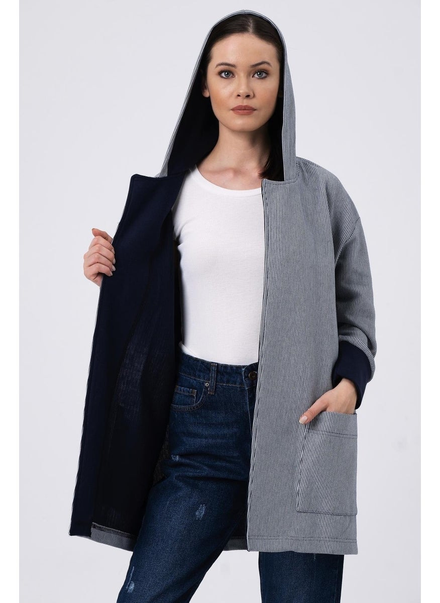 Hooded Striped Cardigan Navy-White (B22-37701-WN)