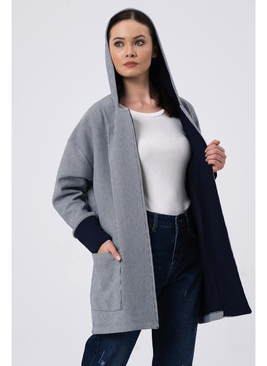 Hooded Striped Cardigan Navy-White (B22-37701-WN)