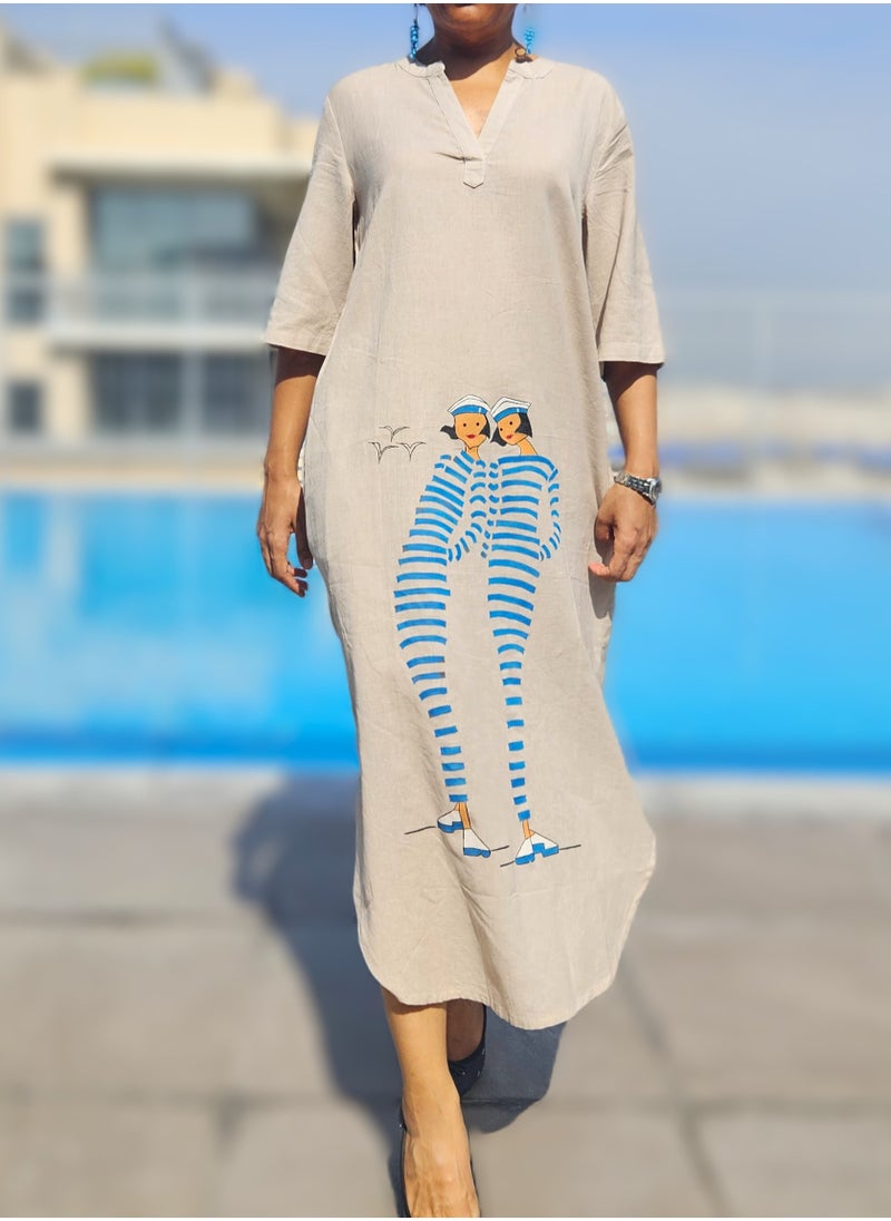 Hand painted Long Dress with Nautical Seaside Artwork, 100% Cotton Eco-Friendly, Unique Women-Sailor Design, Relaxed Fit with 2 Pockets for Resort, Travel, Lounge and Casual Wear