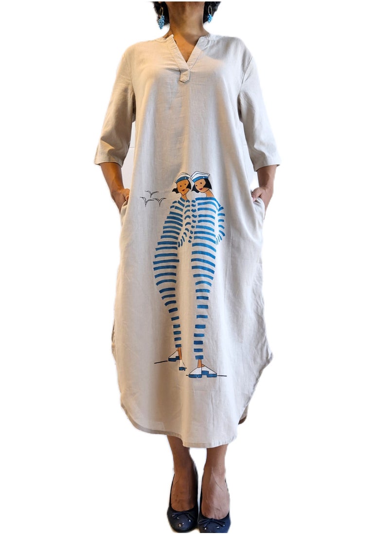 Hand painted Long Dress with Nautical Seaside Artwork, 100% Cotton Eco-Friendly, Unique Women-Sailor Design, Relaxed Fit with 2 Pockets for Resort, Travel, Lounge and Casual Wear