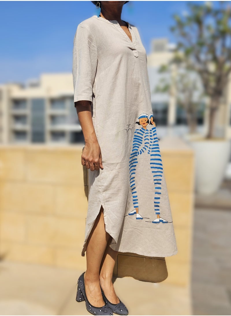 Hand painted Long Dress with Nautical Seaside Artwork, 100% Cotton Eco-Friendly, Unique Women-Sailor Design, Relaxed Fit with 2 Pockets for Resort, Travel, Lounge and Casual Wear