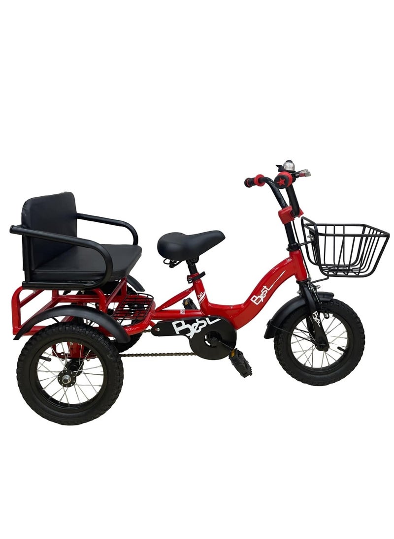 Tricycle with rear seat, alloy frame with front basket, Indoor and Outdoor Tricycle for Kids