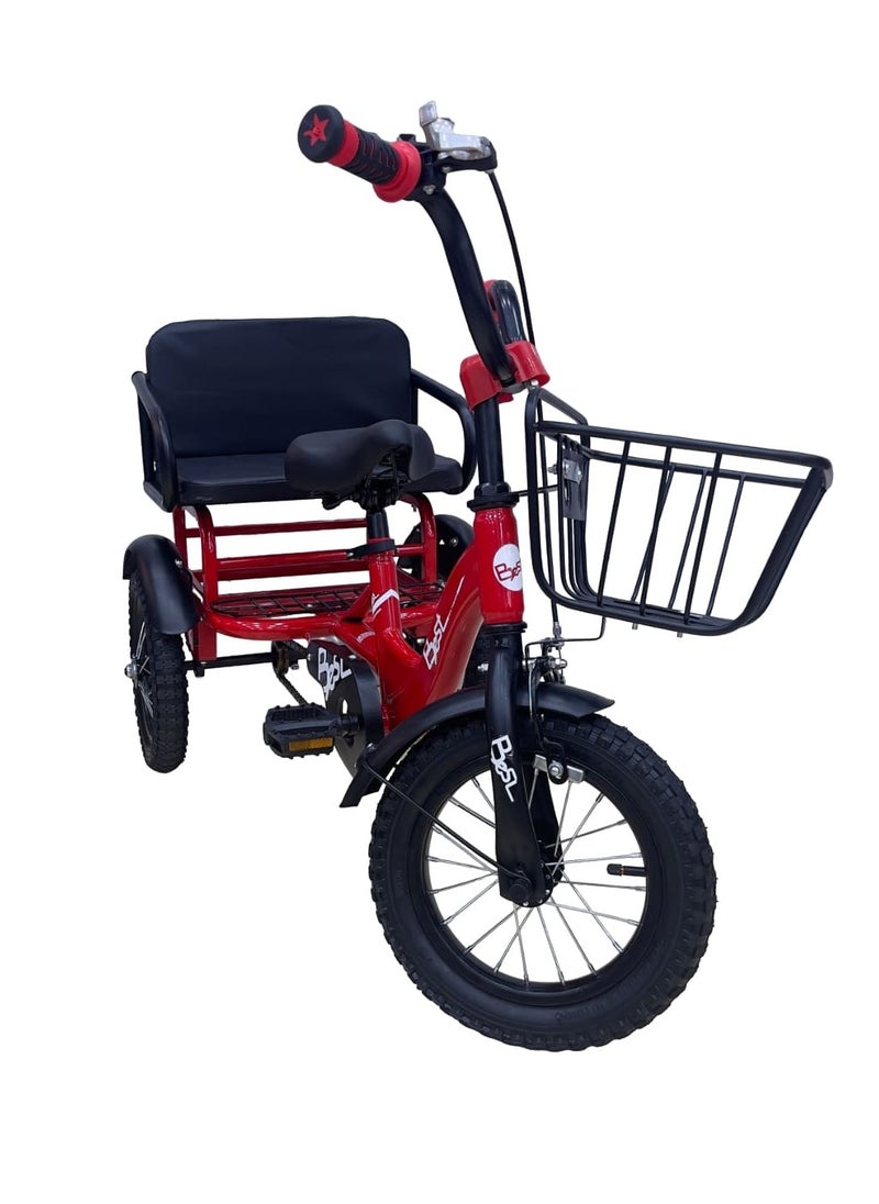 Tricycle with rear seat, alloy frame with front basket, Indoor and Outdoor Tricycle for Kids