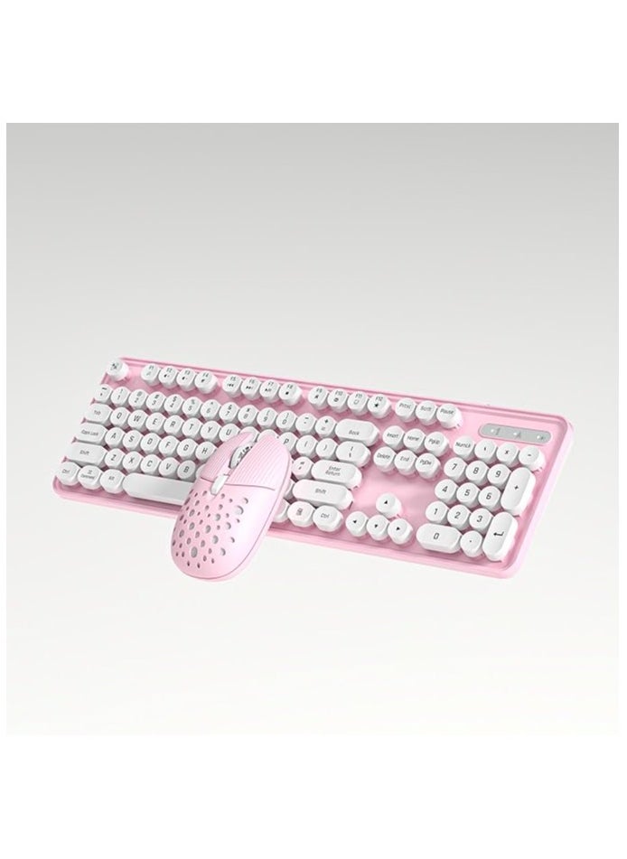 Wireless Keyboard and Mouse Combo, 104-Key Cute Typewriter-Style Keyboard with Round Keycaps, 3 DPI Adjustable, for Laptop, PC, Office (Pink)