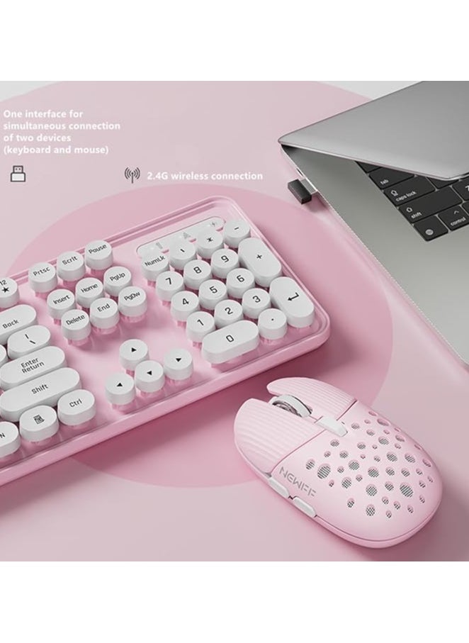 Wireless Keyboard and Mouse Combo, 104-Key Cute Typewriter-Style Keyboard with Round Keycaps, 3 DPI Adjustable, for Laptop, PC, Office (Pink)