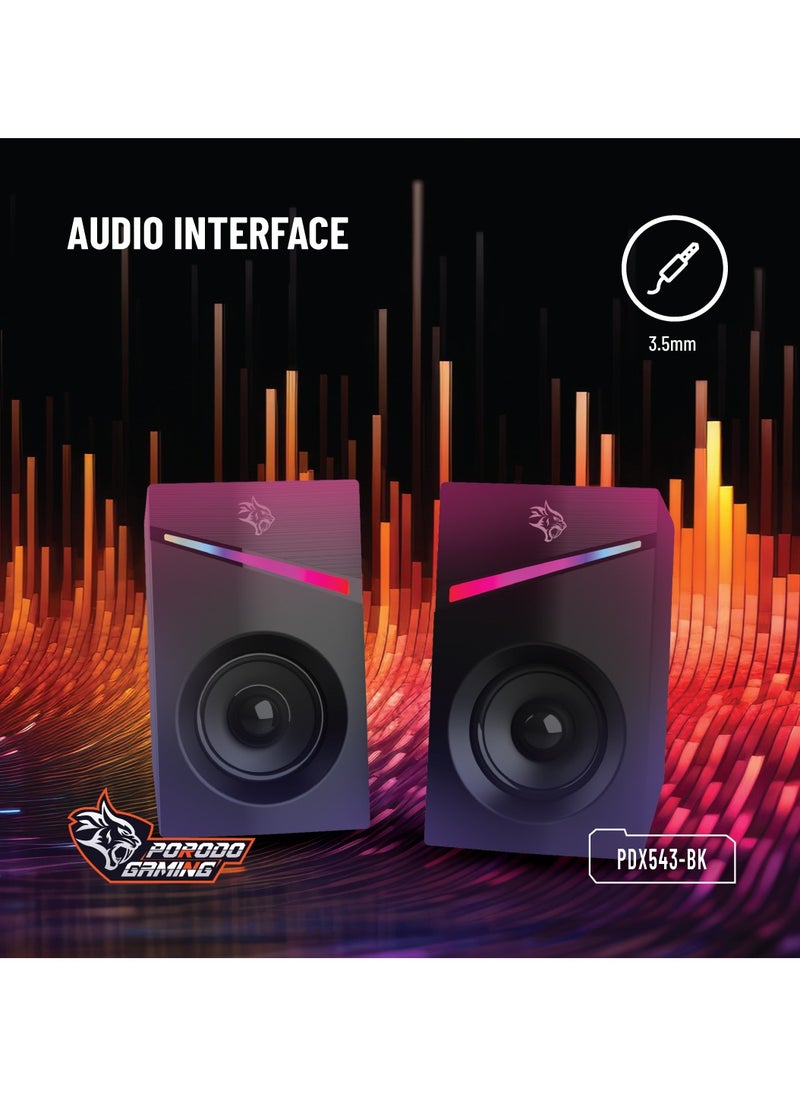 Wired Stereo Speakers with Volume Knob Control / 1.1m Wire / RGB Light with Rainbow Effects - Black