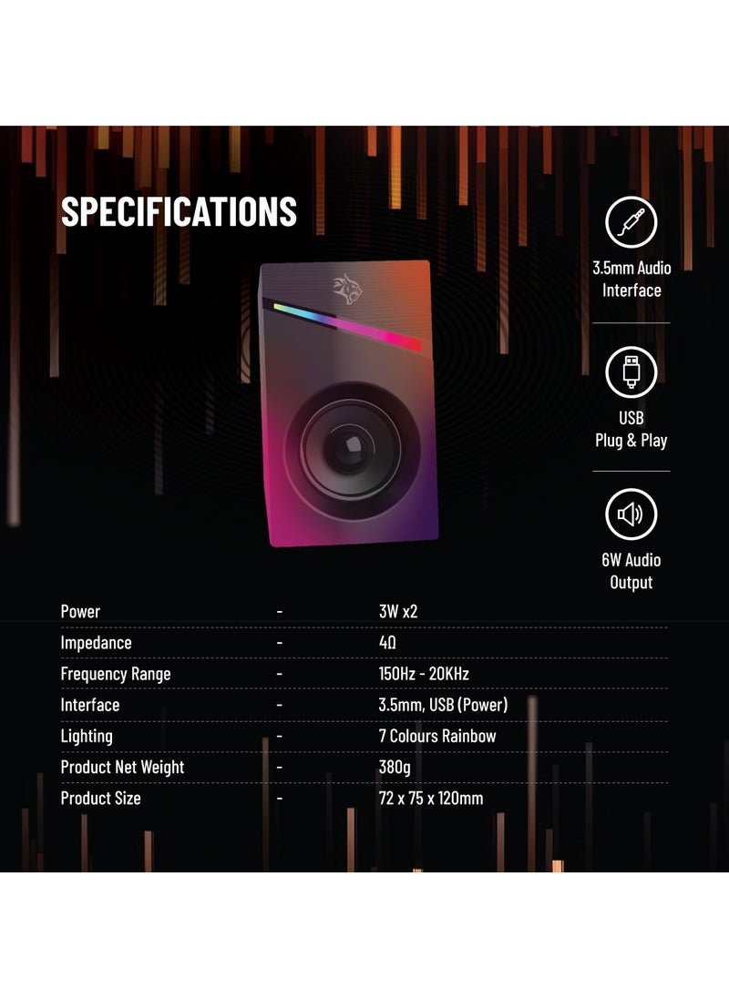 Wired Stereo Speakers with Volume Knob Control / 1.1m Wire / RGB Light with Rainbow Effects - Black