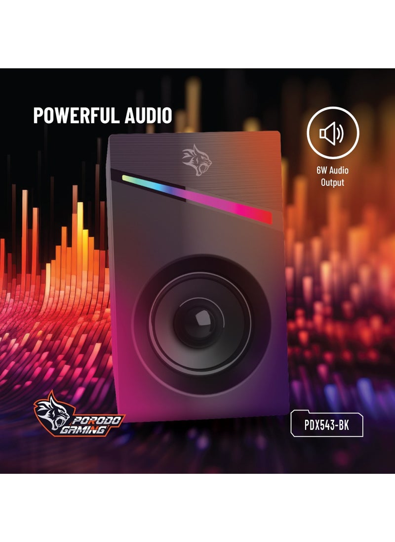 Wired Stereo Speakers with Volume Knob Control / 1.1m Wire / RGB Light with Rainbow Effects - Black