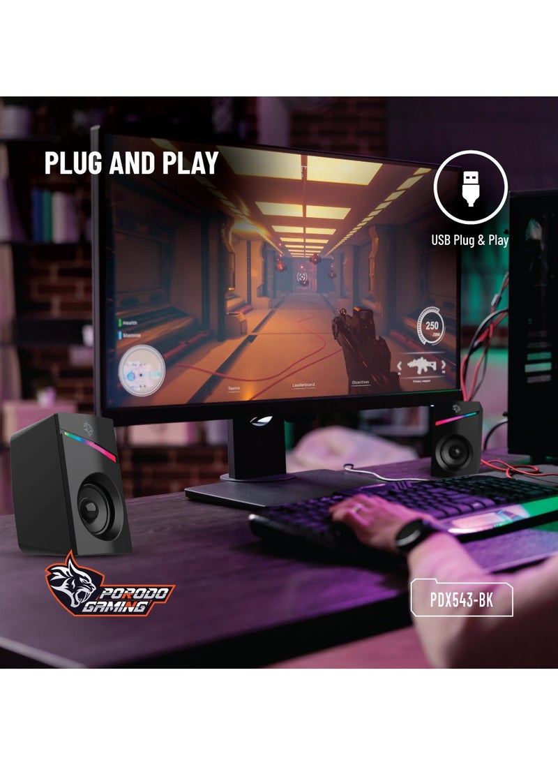 Wired Stereo Speakers with Volume Knob Control / 1.1m Wire / RGB Light with Rainbow Effects - Black