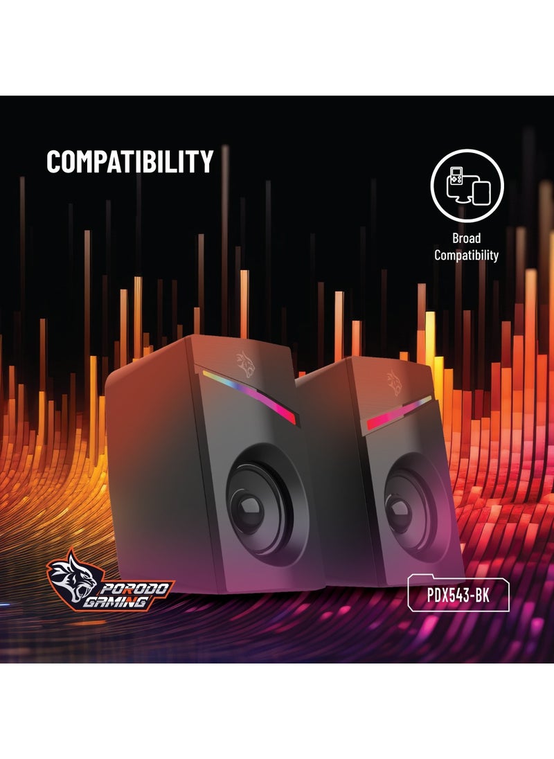 Wired Stereo Speakers with Volume Knob Control / 1.1m Wire / RGB Light with Rainbow Effects - Black