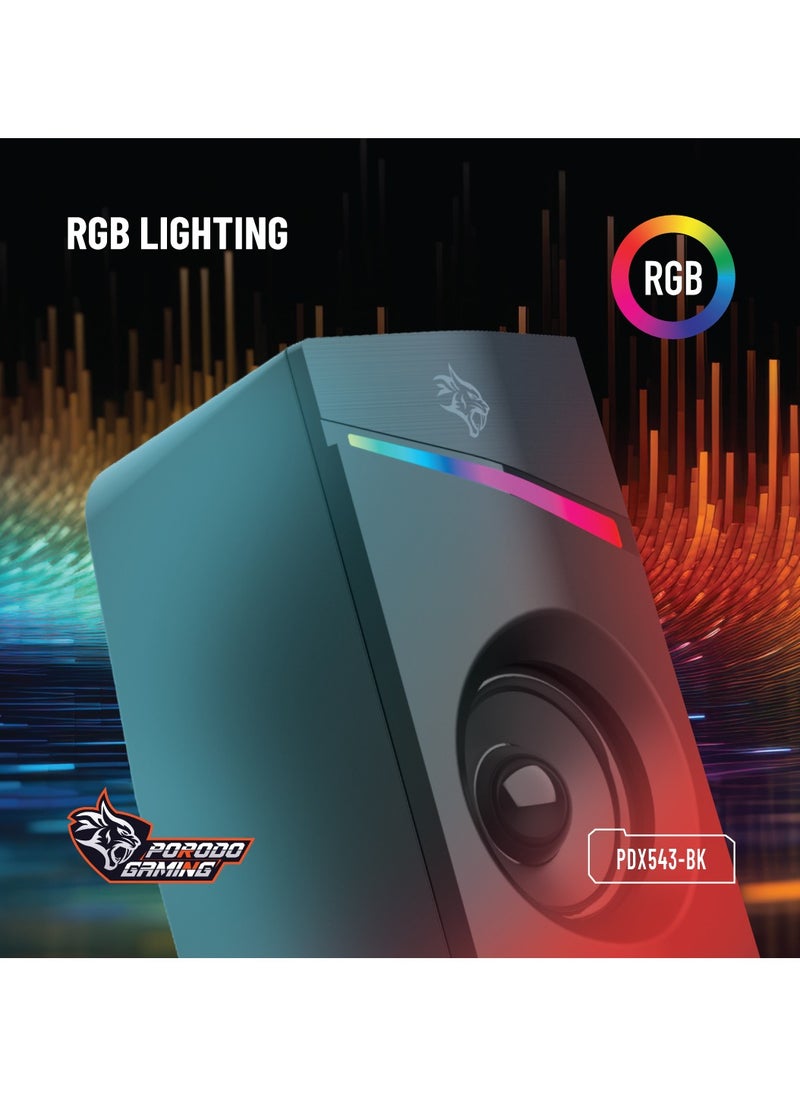 Wired Stereo Speakers with Volume Knob Control / 1.1m Wire / RGB Light with Rainbow Effects - Black