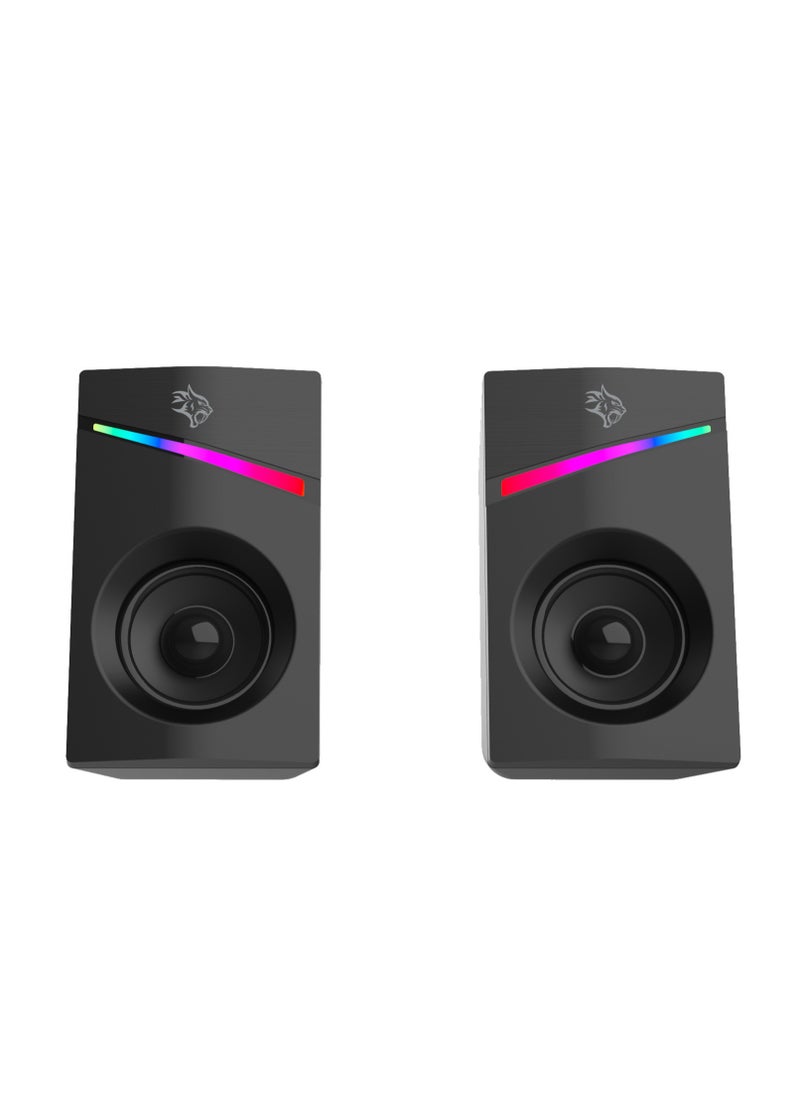 Wired Stereo Speakers with Volume Knob Control / 1.1m Wire / RGB Light with Rainbow Effects - Black
