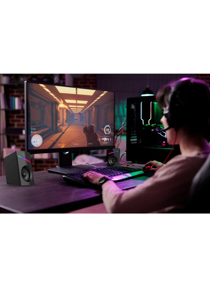 Wired Stereo Speakers with Volume Knob Control / 1.1m Wire / RGB Light with Rainbow Effects - Black