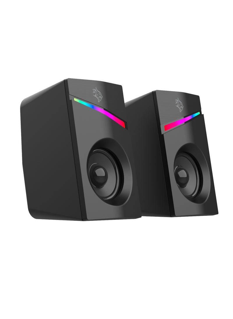 Wired Stereo Speakers with Volume Knob Control / 1.1m Wire / RGB Light with Rainbow Effects - Black