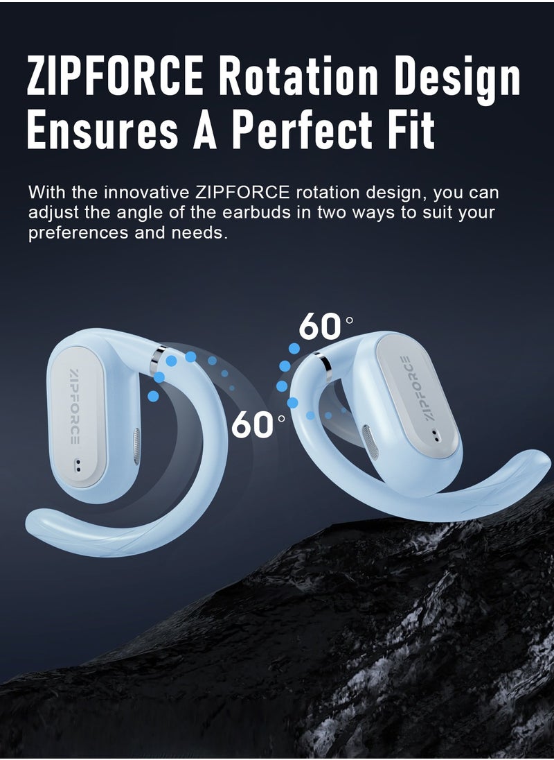 ZIPFORCE True Wireless Earbuds, Open Ear Bluetooth 5.4 Headphones 4-Mics ENC Clear Call, OWS Bluetooth Earbuds Touch Control, IPX6 Waterproof TWS, Light-Weight Earphones