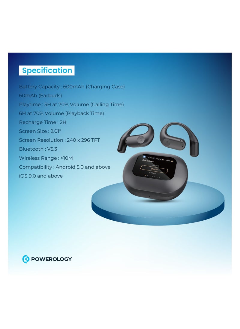Air Conduction ENC TWS Earbuds and Charging Case with Display / True Wireless Headphones 6H Playtime / Truewireless Earbuds with 10M Wireless Range /  Immersive Hi-Fi Audio / Comfort to Wear / Smart sound - Black