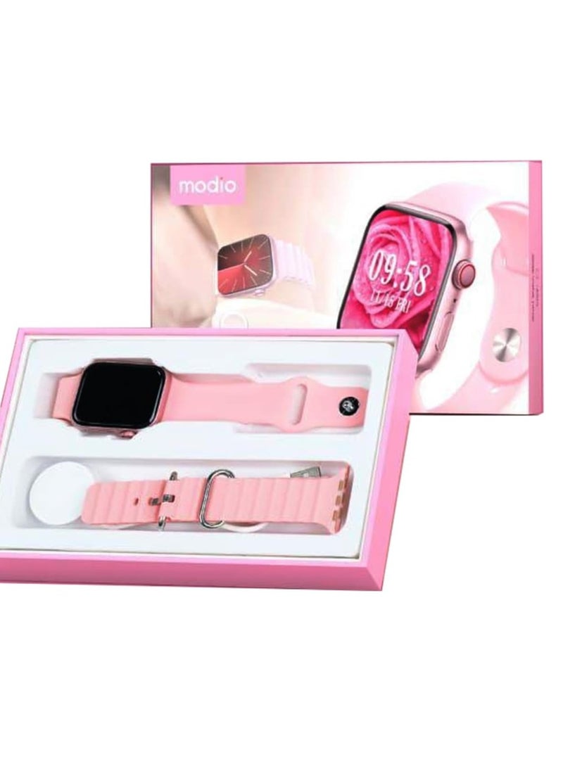 Modio MW09 Mini 36MM Smart Watch With 2 Pair Straps and Wireless Charger For Ladies and Girls Pink