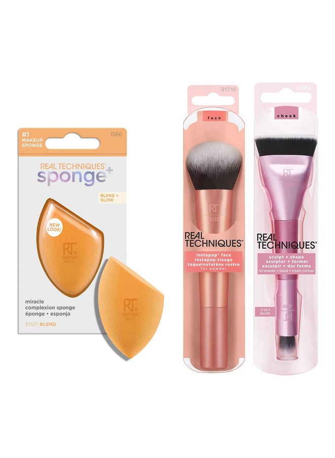 Sculpt & Shape Dual Ended 2-in-1 Makeup Brush and Instapop Face Brush 01715 with Miracle Complexion Sponge, Beauty Sponge For Makeup Blending Multicolour