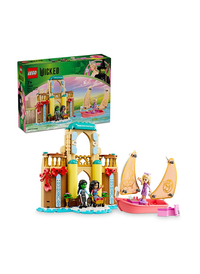 Wicked Glinda, Elphaba & Nessarose at Shiz University Building Set with Sailing Boat Toy and 3 Mini-Doll Figures, Movie Gift for 7 Plus Year Old Girls & Boys Who Love Doll’s House Playsets 75681