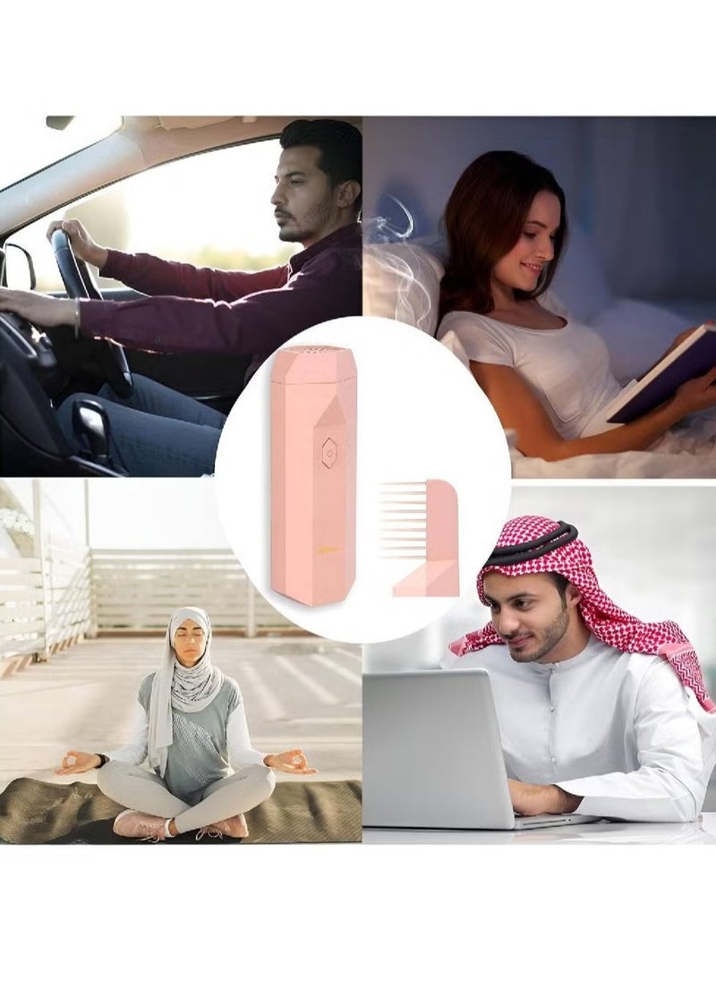 Electric Bukhoor Burner 2-in-1 – Arabian USB Rechargeable Incense Burner and Hair Comb, Aromatherapy Diffuser for Home, Ideal for Ramadan (Pink)