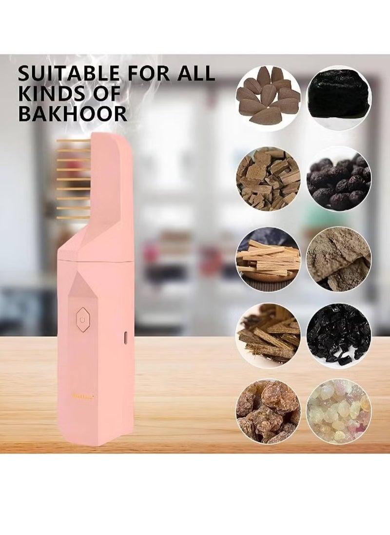 Electric Bukhoor Burner 2-in-1 – Arabian USB Rechargeable Incense Burner and Hair Comb, Aromatherapy Diffuser for Home, Ideal for Ramadan (Pink)