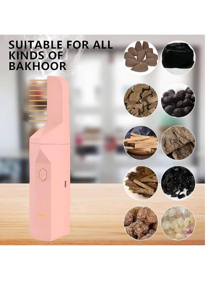 Electric Bukhoor Burner 2-in-1 – Arabian USB Rechargeable Incense Burner and Hair Comb, Aromatherapy Diffuser for Home, Ideal for Ramadan (Pink)