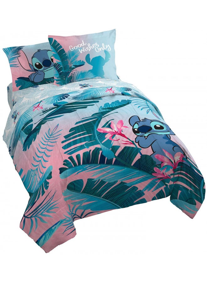 Jay Franco Disney Lilo & Stitch Floral Fun 7 Piece Queen Bed Set - Includes Reversible Comforter & Sheet Set Bedding - Super Soft Fade Resistant Microfiber - (Official Disney Product)
