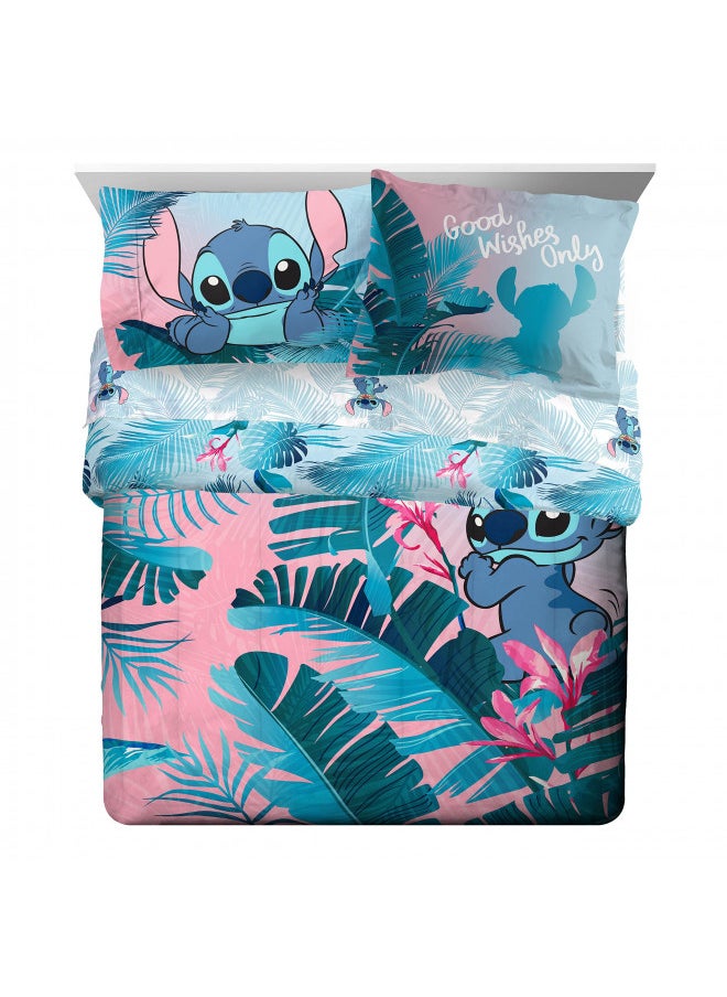 Jay Franco Disney Lilo & Stitch Floral Fun 7 Piece Queen Bed Set - Includes Reversible Comforter & Sheet Set Bedding - Super Soft Fade Resistant Microfiber - (Official Disney Product)