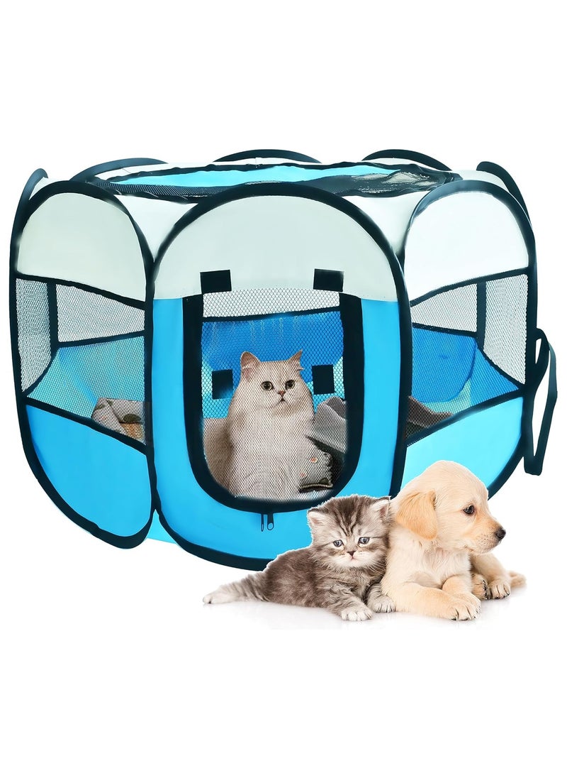 Octagonal Pet Dog And Cat House, Portable Kennel Puppy Bed House Foldable Tent Fence, Indoor Outdoor Use, Black And Blue, Pet Bed