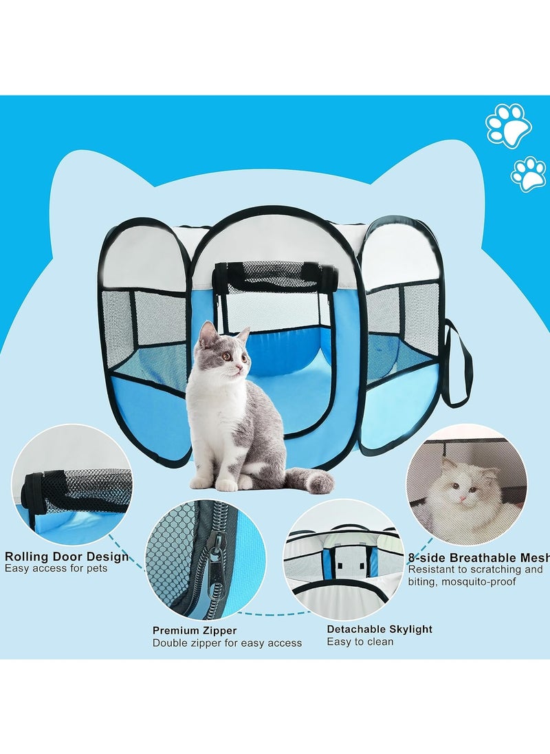 Octagonal Pet Dog And Cat House, Portable Kennel Puppy Bed House Foldable Tent Fence, Indoor Outdoor Use, Black And Blue, Pet Bed