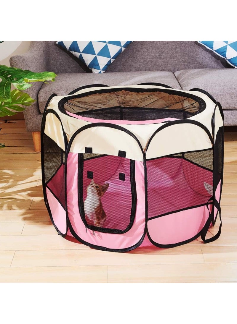 Octagonal Pet Dog And Cat House, Portable Kennel Puppy Bed House Foldable Tent Fence, Indoor Outdoor Use, Black And Blue, Pet Bed